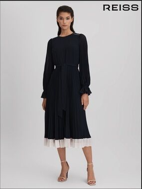 Reiss Navy Midi Dress with Cream Hem and Tie Belt